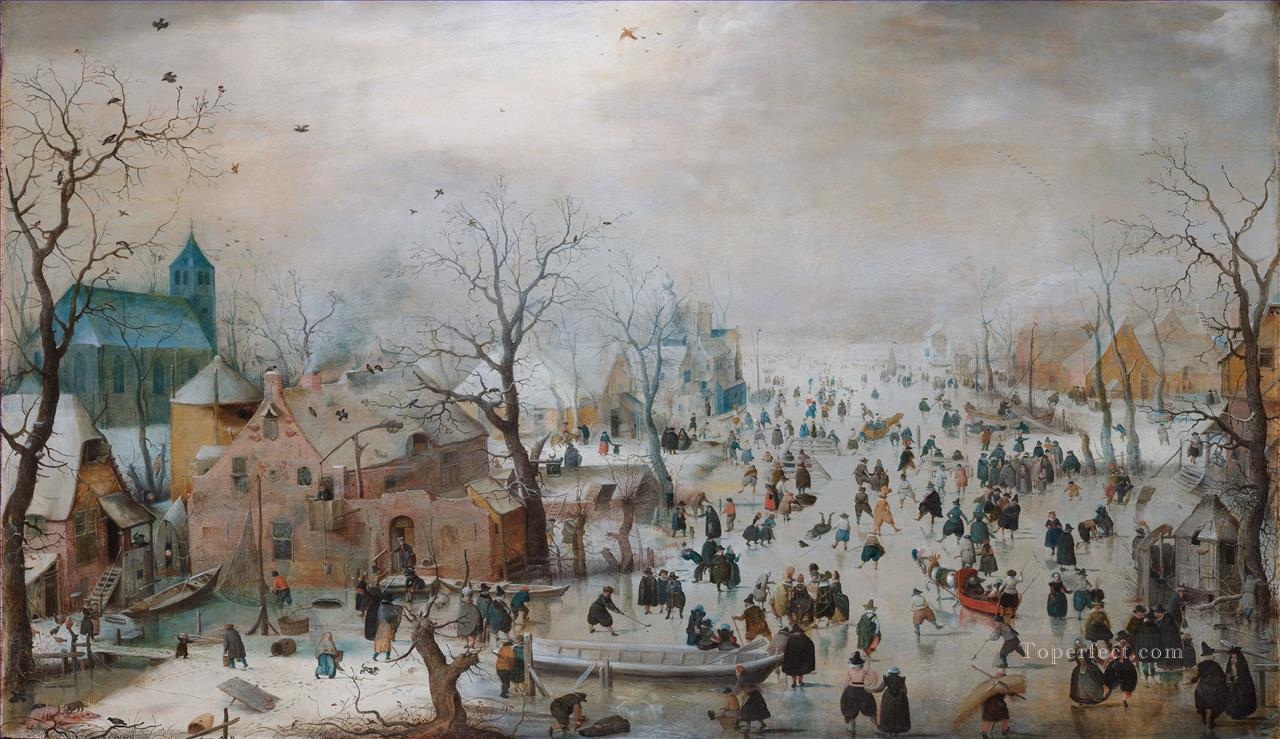 Una escena en el hielo cerca de un paisaje invernal de la ciudad Hendrick Avercamp Pintura al óleo